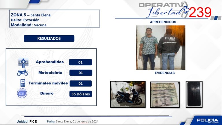 Aprehensión por delito flagrante de extorsión en Santa Elena