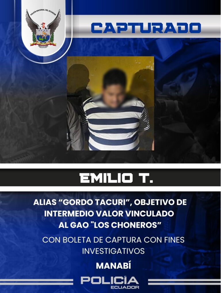 Policía capturó a alias ¨Gordo Tacuri¨ objetivo de intermedio valor en Manabí