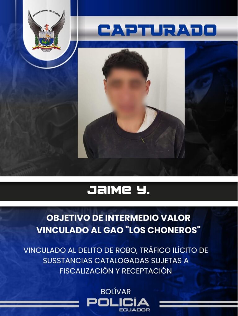 Policía aprehendió a Jaime Y. objetivo de intermedio valor en Bolívar