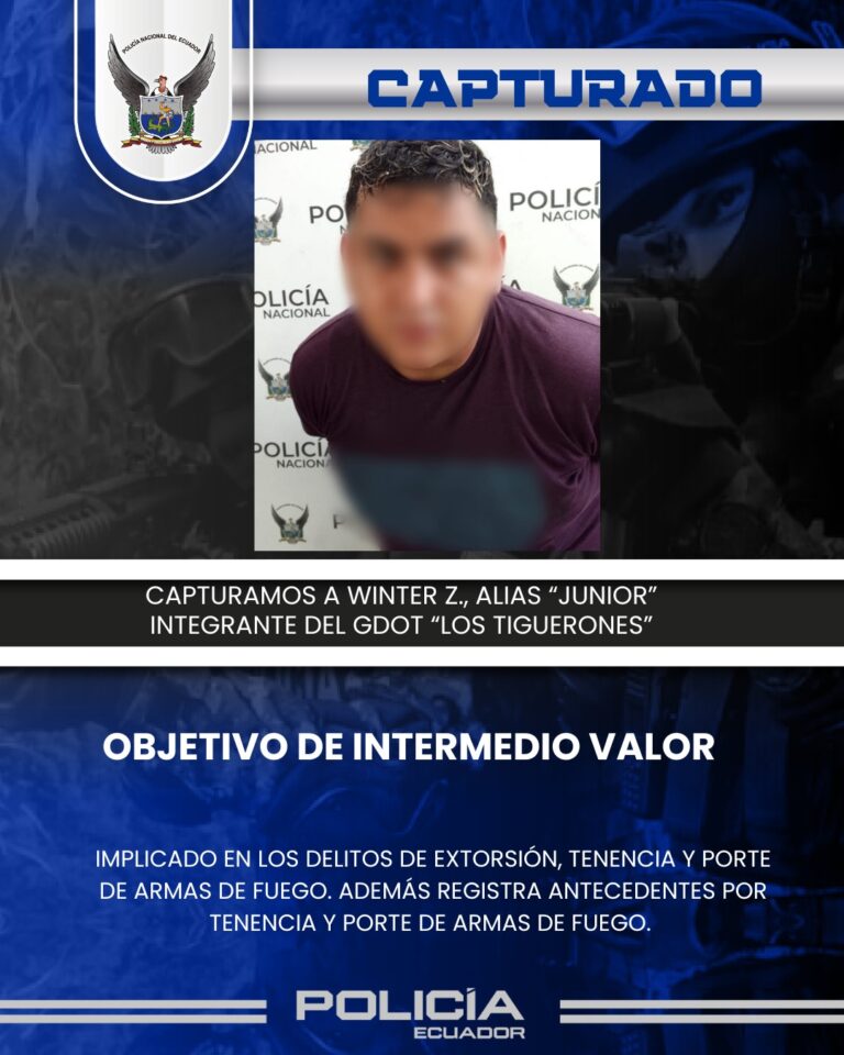 Policía capturó a alias “Junior”, considerado objetivo de intermedio valor, integrante del GDOT “Los Tiguerones”, por los delitos de extorsión, tenencia y porte de armas de fuego