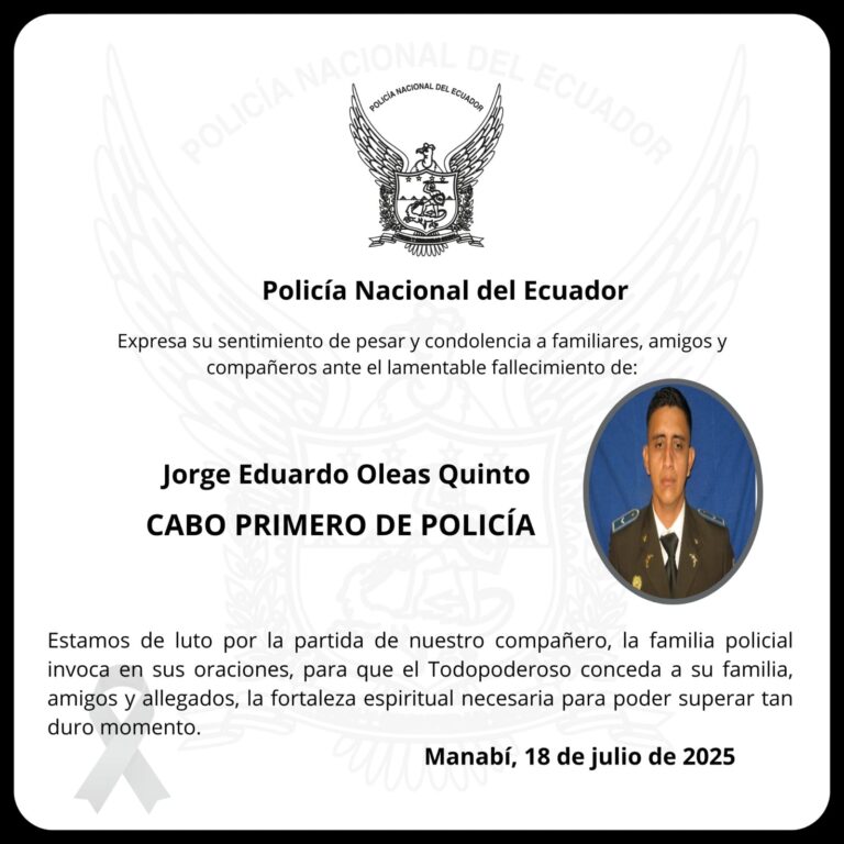 Servidor policial pierde la vida en cumplimiento de su deber, en Manabí