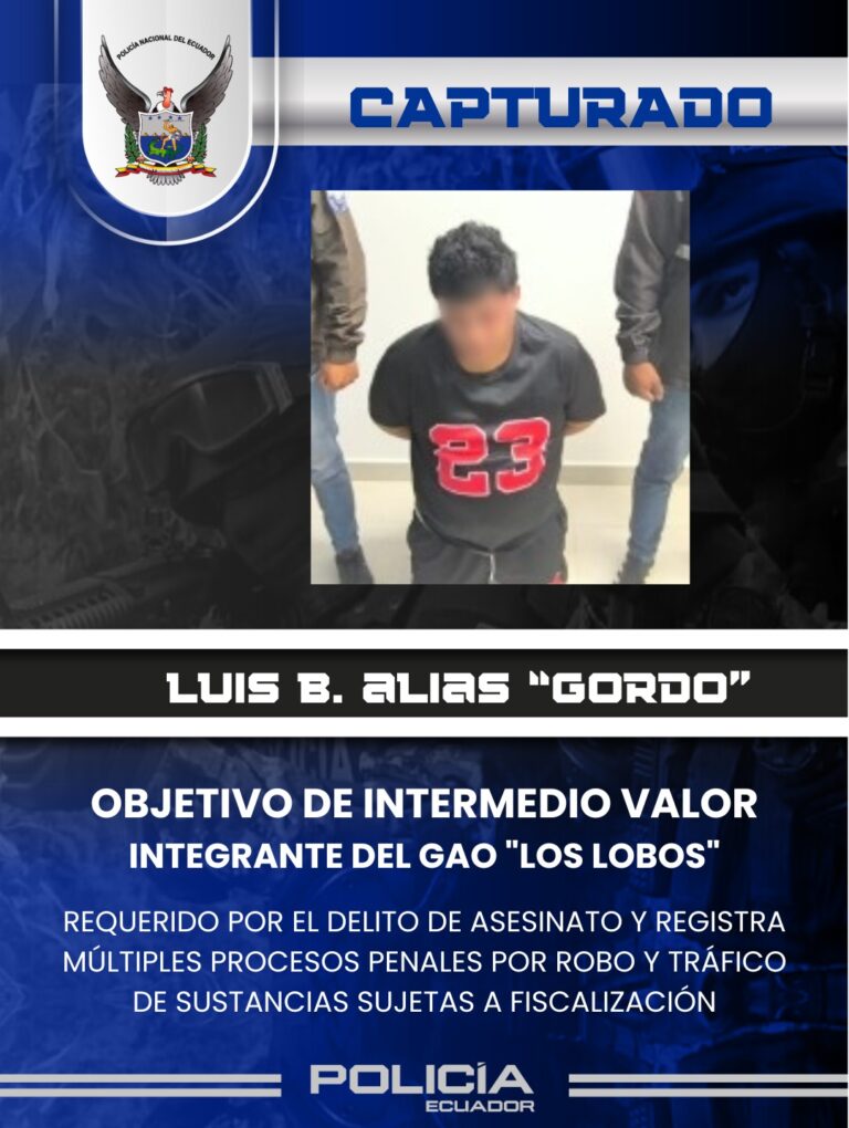 Policía Nacional capturó a alias “Gordo Alejandro” integrante del GAO “Los Lobos”, considerado Objetivo de Intermedio Valor en Esmeraldas