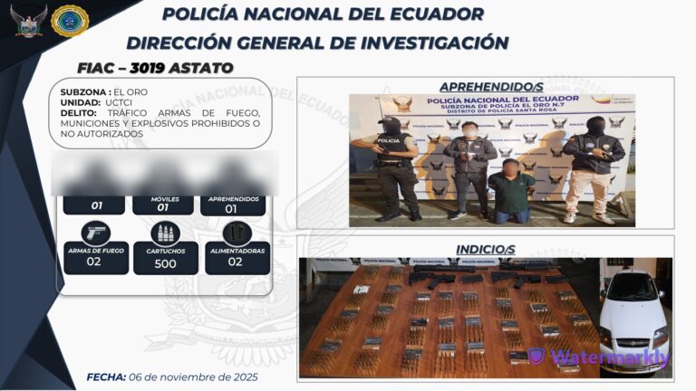 Aprehendido un ciudadano por el presunto delito de tráfico de armas de fuego, municiones y explosivos en El Oro