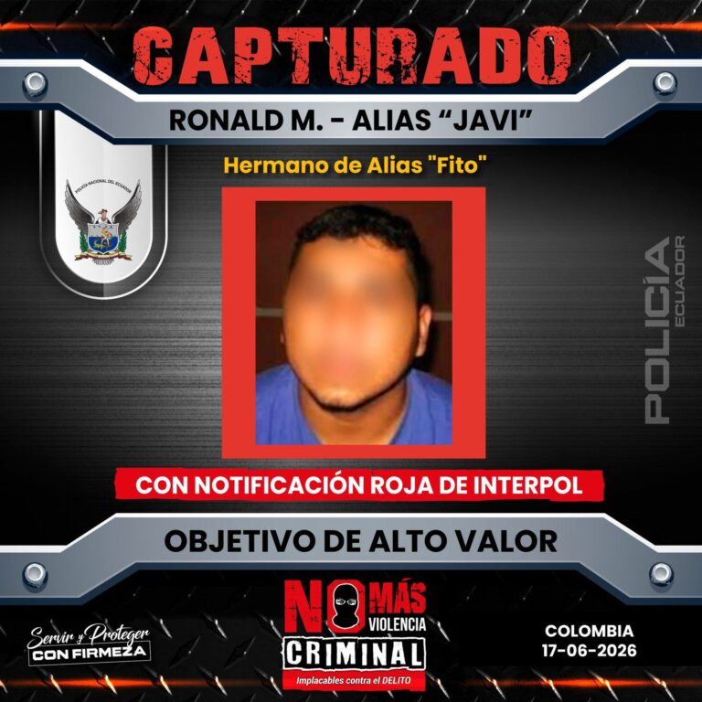 Capturamos en Colombia a alias “Javi”, cabecilla de “Los Choneros”, requerido mediante Notificación Roja de INTERPOL y considerado Objetivo de Alto Valor