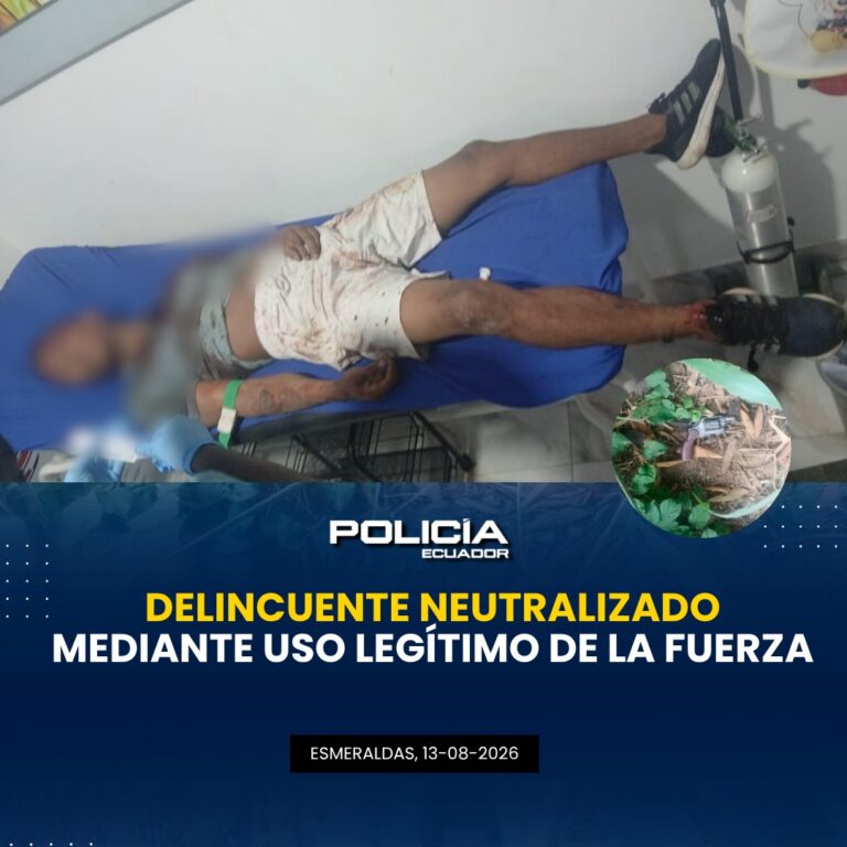 Aprehendimos a un sujeto armado tras repeler una agresión con uso legítimo de la fuerza en Esmeraldas